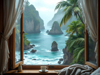 An AI generated image of a breathtaking seaside view seen through an open wooden window from a cozy bedroom.