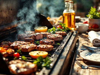 An AI generated mouthwatering outdoor barbecue scene featuring a variety of grilled meats, including steaks and pork chops, sizzling on a smoking hot grill. 