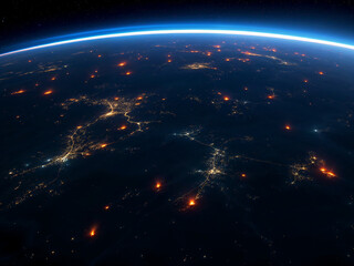 An AI generated dramatic satellite view of large-scale wildfires burning across a vast landscape at night, with glowing flames and thick smoke rising into the atmosphere