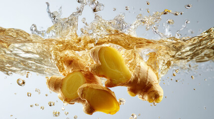 Ginger root slices splashing into clear liquid with dynamic water movement and fresh vibrant colors