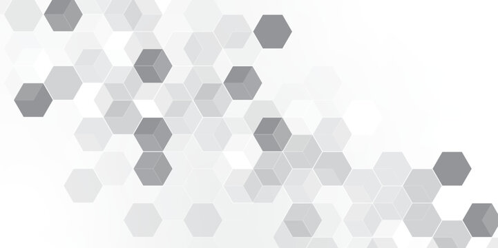 A subtle hexagon pattern background with interconnected shapes in soft gray and white. Simple abstract modern background White geometric hexagonal honeycomb shape texture background 3d copy space.	