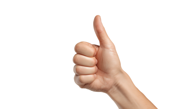 Human hand thumbs up gesture as a symbol of success over adversity, which can be used in an inspirational context on a transparent background