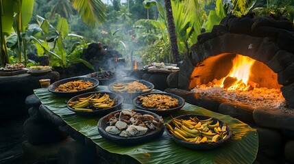 Cultural food being cooked on banana leaves over stone ovens in an outdoor feast setting 