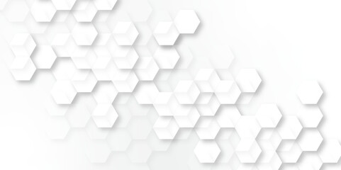 A subtle hexagon pattern background with interconnected shapes in soft gray and white. Simple abstract modern background White geometric hexagonal honeycomb shape texture background 3d copy space.	
