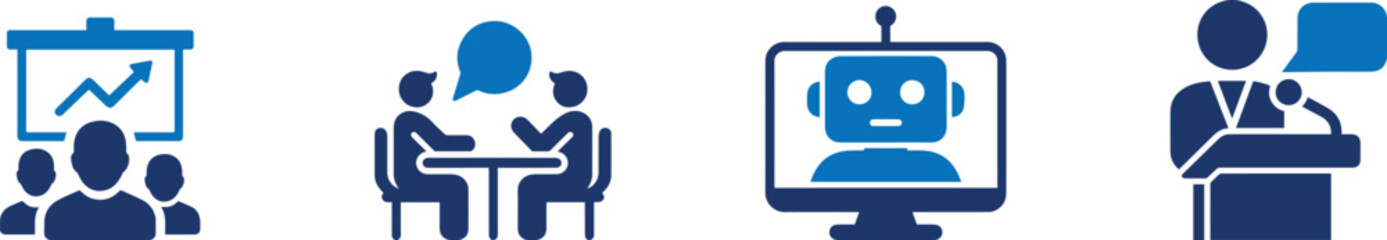 Business Communication Icon Set Flat vector icons of conversation, messaging, teamwork, email, and collaboration. Perfect for corporate, HR, and productivity designs. Customizable and clean design.