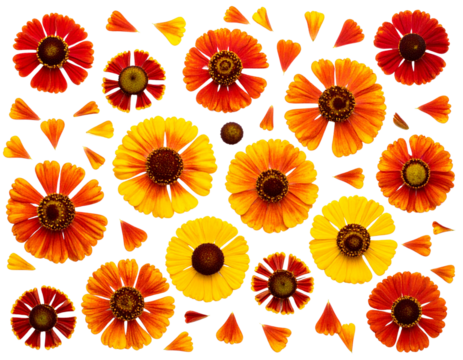Flat Lay Arrangement of Helenium Flowers and Petals in Loose Botanical Pattern, Transparent Background