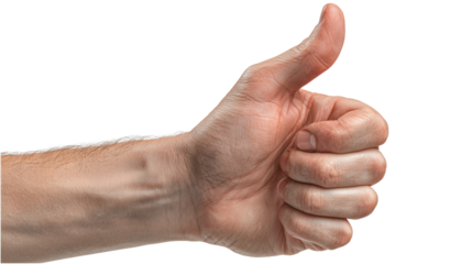 A man's hand in a thumbs-up position, which is used to indicate social acceptance and positive feedback, on a transparent background