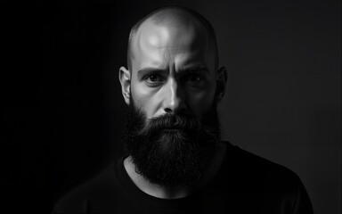 High contrast black and white portrait of a man with a thick beard captured with studio lighting during a creative photography session. High quality
