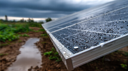 Close up view of solar panels with water droplets surface, showcasing field after rain. scene conveys sense of freshness
