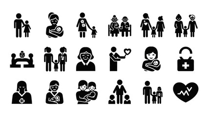 Family and Relationship Glyph Icon Set &ndash; Couple, Parenting, Child, Elderly, Pregnancy, Community, Social Care Vector

