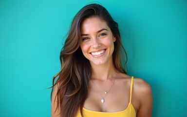 An eye-catching stock photo of casual portrait of smiling woman in front of aqua wall, ideal for creative, commercial, or editorial purposes. High quality