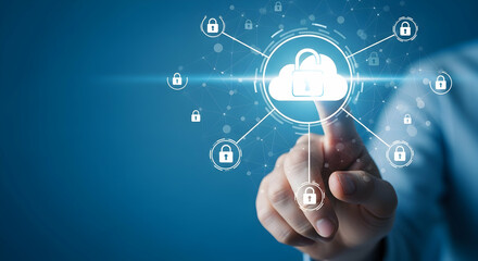 Obraz premium Security of cloud computing and server. Encryption networking and connect technology. Hand touching padlock icon on cloud storage icon.