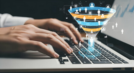 Marketing funnel analysis of customer activity data. Analytics chart of sales conversion rate. Marketer analyzing data with using laptop computer at desk in office.