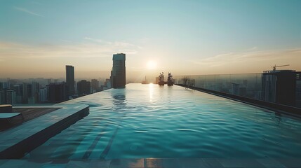 A rooftop swimming pool, its edges disappearing into the cityscape below.
