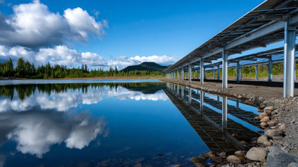 Solar farm next to lake reflects panels and clouds, showcasing serene landscape with mountains in background