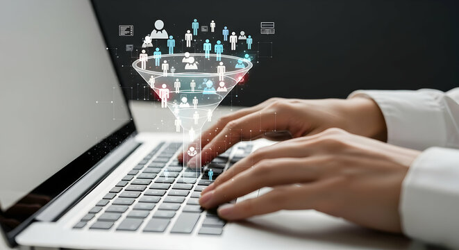 Marketing funnel analysis of customer activity data. Analytics chart of sales conversion rate. Marketer analyzing data with using laptop computer at desk in office.
