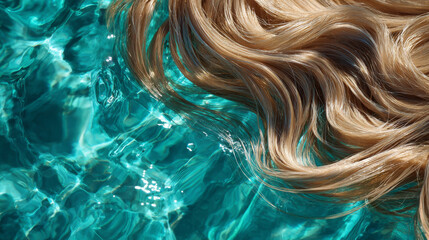 Blonde hair flowing in clear blue water with sunlight reflections creating serene and refreshing atmosphere