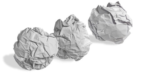 three crumpled paper balls on transparent background