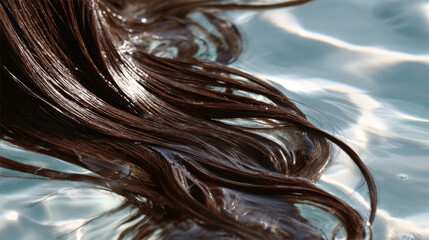 Wet brown hair flowing in clear water with sunlight reflections creating calm and refreshing mood