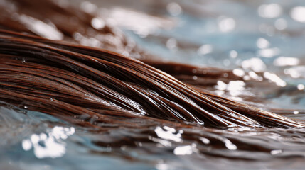 Wet brown hair strands submerged in water with light reflections creating calm and soothing atmosphere