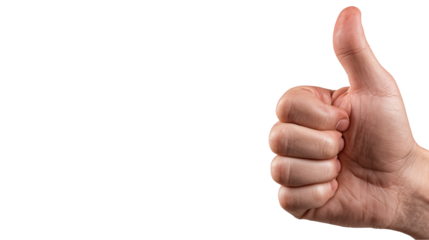 Thumbs up gesture displayed by an adult's right hand, used to symbolize agreement, encouragement, or positive response, on a transparent background