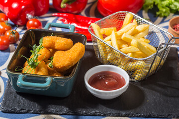 The photo shows a black slate serving board with a teal dish containing breaded chicken nuggets,...