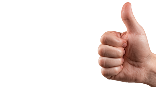 Thumbs up gesture displayed by an adult's right hand, used to symbolize agreement, encouragement, or positive response, on a transparent background - Powered by Adobe