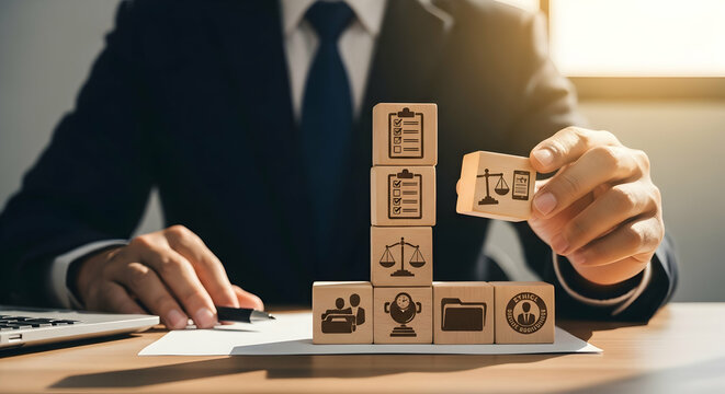Building corporate governance structure. Businessman stacking wooden blocks. Check mark icon and lens flare light.
