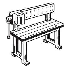 Black and white illustration of a workbench with a vise perfect for woodworking projects