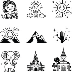 Vector doodle icons set girl rocket sun mountain elephant church hand magic cute happy travel 100 char