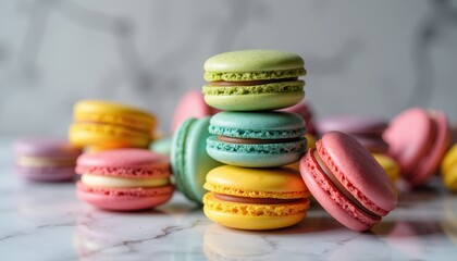 Colorful macarons on marble table