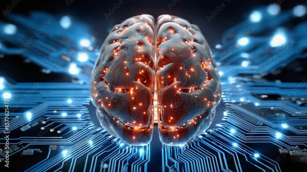Aufkleber artificial intelligence brain: a futuristic illustration of a human brain seamlessly integrated with