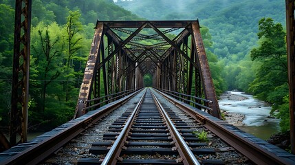 A steel truss bridge spanning a wide river. The tracks vanish into the distant hills.