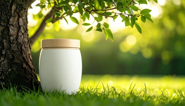 Simple white cremation urn with wooden lid placed beside a tree on grass, symbolizing eco-conscious burial and peaceful remembrance.