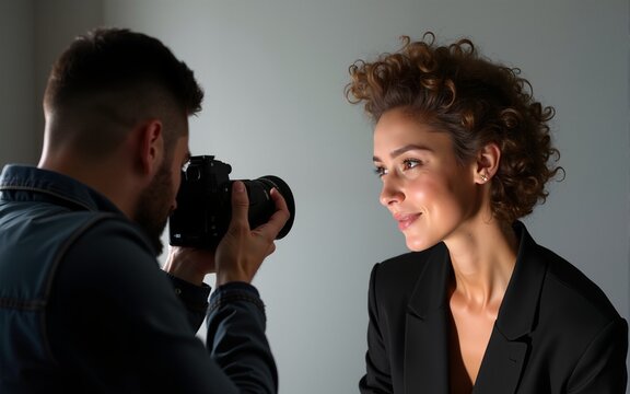 Photographer capturing a portrait of a model in a studio. Featuring photography techniques and creative direction. High quality