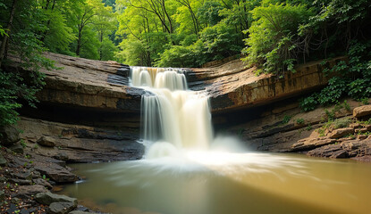 Obraz premium Beautiful natural waterfall cascades through a green forest stream over rocks