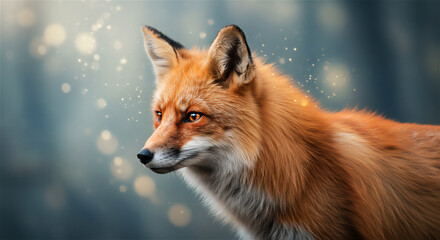 Obraz premium 魔法の光に包まれたキツネ 幻想的で神秘的な森のワンシーン