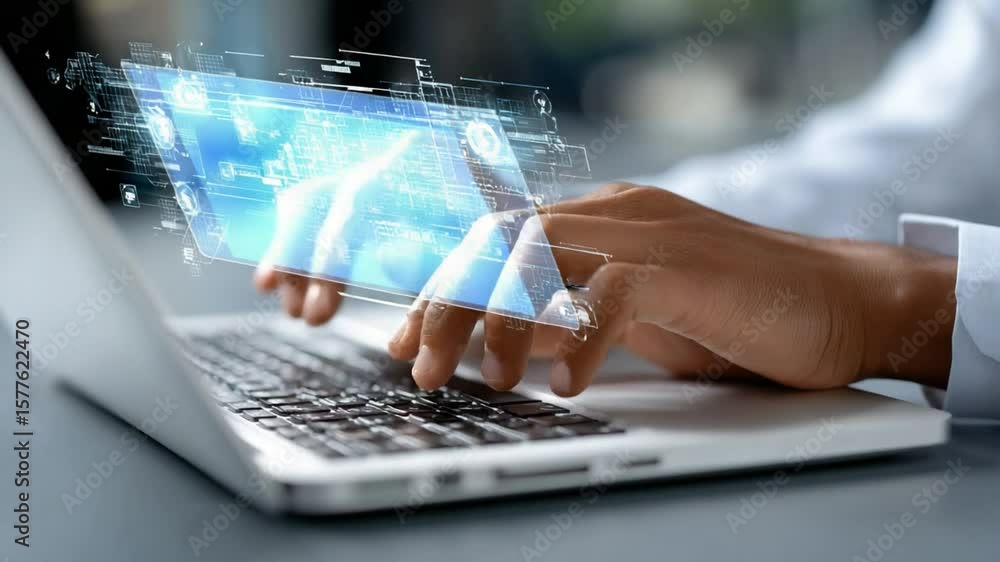 Aufkleber digital interface: a close-up view shows hands typing on a laptop, with interactive holographic digi