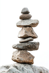 A carefully balanced stack of rocks creating a cairn against a plain white background view