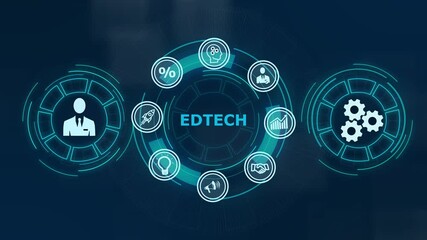EdTech Education Technology e-learning online learning internet technology concept, Abstract technology symbols on a blue background - Powered by Adobe