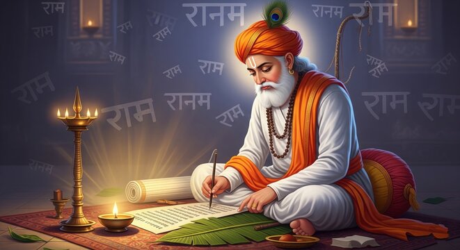 Tulsidas Writing Ramcharitmanas &ndash; Traditional Devotional Art
