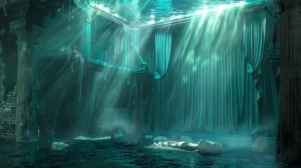 A submerged theater stage, curtains billowing underwater, an eerie spotlight illuminating the scene.