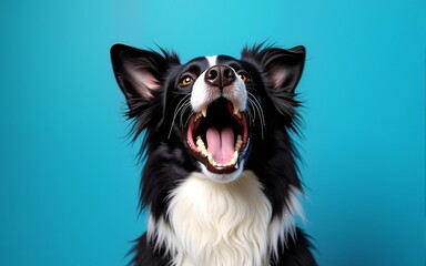 Obraz premium border collie barking with a wide open mouth in a studio shot isolated on a blue background. High quality