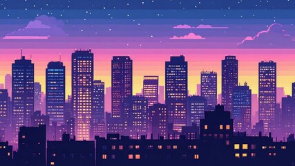 Pixel Art Cityscape: Retro Night Skyline with Glowing Windows and Starry Sky - Powered by Adobe