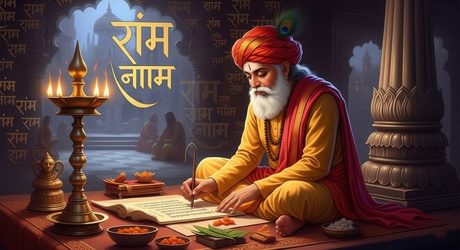Tulsidas Writing Ramcharitmanas &ndash; Traditional Devotional Art