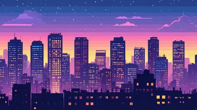 Pixel Art Cityscape: Retro Night Skyline with Glowing Windows and Starry Sky