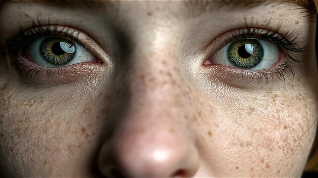 Close up detail of a woman's face showcasing beautiful eyes and freckled skin  for beauty or