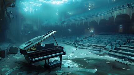 A sunken concert hall, its grand piano half-submerged, notes frozen in time.