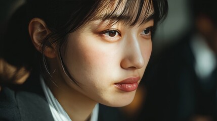A young Japanese female office worker is wearing a suit. The woman is attending a meeting in the company's conference room