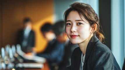 A young Japanese female office worker is wearing a suit. The woman is attending a meeting in the company's conference room